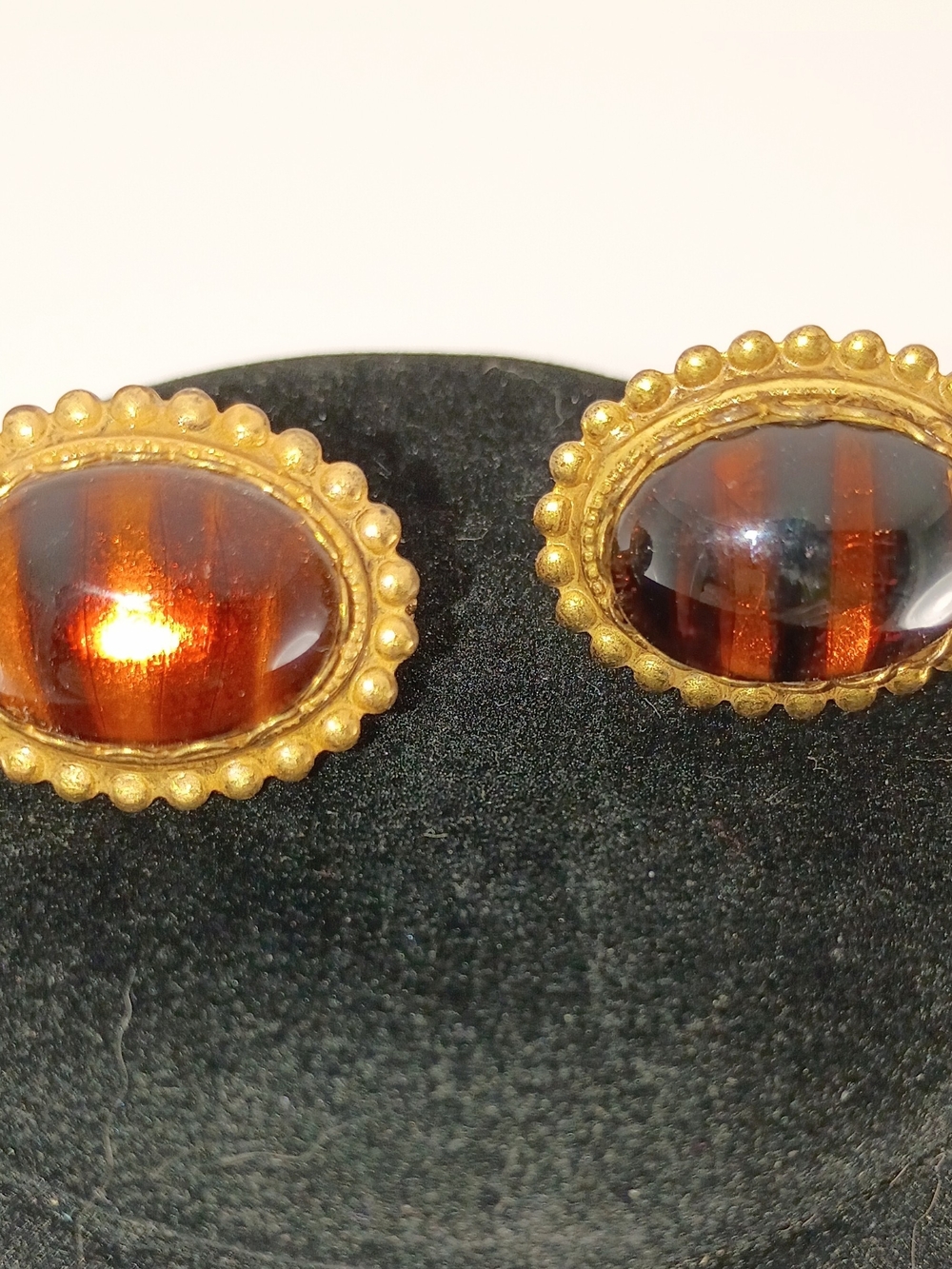 Miriam Haskell Gold-Tone Earrings with Tiger Stripe Amber Color Cabochons